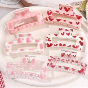 Charming Heart Print Design Hair Claw Clips Pink, Red, White Set Of 6